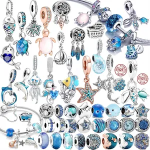 925 Silver Fit Pandora Charmpink الأسماك والسلاحف والسلاحف وأزياء القواقع مجموعة سحر الأزياء قلادة DIY Fine Beads Jewelry ، هدية خاصة للنساء