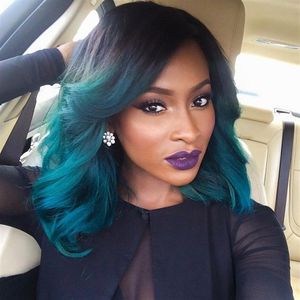 Ombre Lace Front Human Hair Peruki Bob T1B Sky Blue Malezyan Virgin Hair Dwa Tone204r