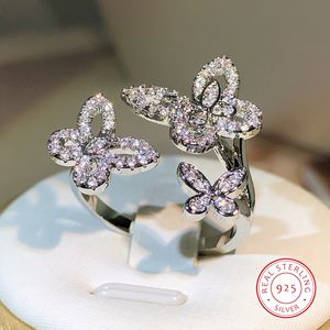 925 Silver Korean New Design Fashion Jewelry Exquisite White Zircon Smart Three Butterfly Opening Female Prom Party Ring