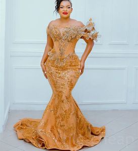 2023 ASO EBI Gold Mermaid Dress Dress Crystals Evening Party formal Party Segunda recepção Vestidos de noivado de aniversário Vestidos Robe de Soiree ZJ7648