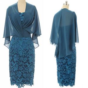 Modern Teal Lunghezza al ginocchio Madre della sposa Abiti da sposo Scollo a V Guaina in pizzo Maniche corte Cocktail Prom Abiti da sera Plus308Q