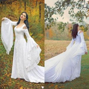 Flare Mangas Compridas Vintage A Linha Vestidos de Noiva Branco Preto Renda Victoria Gothic Noiva Vestidos Espartilho Costas Noiva Segunda Recepção330c