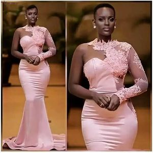 2022 African Nigerian Black Girls Pink Mermaid Evening Dresses One Shoulder Long Sleeve Prom Dress Formal Dress Evening Gowns Aben3285