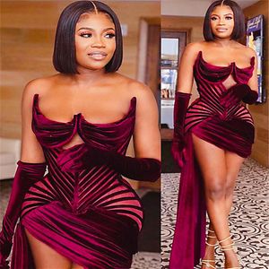 2021 Plus Size Arabic Aso Ebi Stylish Burgundy Sexy Prom Dresses Sweetheart Short Velvet Evening Formal Party Second Reception Gow305o