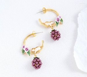 Kolczyki na stadninie ręcznie malowane szkliw szkliwa urocza Vole Chomika fioletowa perła malina liściasta biżuteria damska