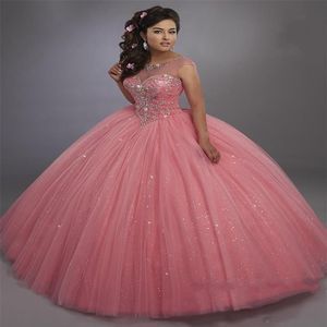 Calypso 볼 가운 Quinceanera Dresses Illusion Scoop Neck and Lace Up Back Bling Bling Crystals Sweet 15 Dress Party Party Dress323r