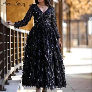 Dubai Black V Neck Long Sleeve Evening Dresses 2020 En linje glittrande paljett med ankellängd Kvällsklänningar Formell klänning Saudi Arabia239g