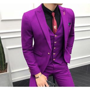 2019 3PC костюм Men Purple совершенно новый Slim Fit Business Formal Wear Tuxedo Высококачественное свадебное платье мужские костюмы Casual Costume Homme290Z