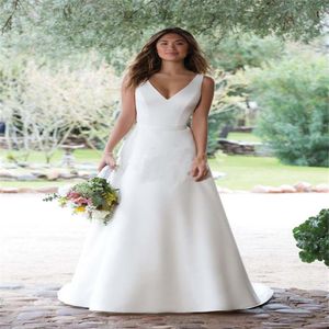 Elegant Satin Wedding Dresses 2021 A Line V Neck White Ivory Buttons Back Lace Wedding Bridal Gown Sweep Train Vestido De Noiva279H