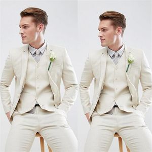 Estate Lino Avorio Uomo Smoking da sposa Beach Risvolto con risvolto Abiti da sposo Pantaloni Abiti Formali Uomo Slim Fit Blazer Giacca Pantaloni Ve308w