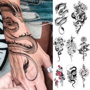 Waterproof Temporary Tattoo Sticker Black Dragon Snake Totem Peony Rose Flower Flash Tatto Women Men Arm Body Art Fake Tattoos