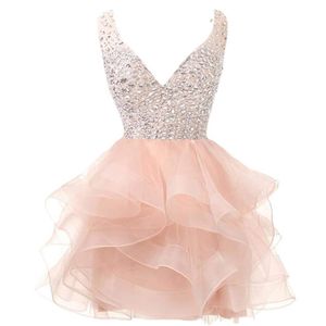 Sweet Sexy Backless Deep V-Neck Crystal paljetter Mini Ball Gown Homecoming Dress with Beading Plus Size Graduation Cocktail Prom PA1912