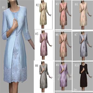 Elegant 2018 Mother Of The Bride Dresses With Long Jacket Jewel 3 4 Long Sleeve Formal Dress Lace Applique Knee Length Evening Gow272D