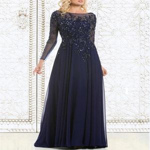 Meistverkaufte elegante marineblaue Kleider für die Brautmutter, Chiffon, durchsichtig, lange Ärmel, transparenter Ausschnitt, Applikationen, Pailletten, Abendgarderobe Dre296x