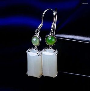 Dangle Earrings Hetian White Jade Silver Drop Square H28＃