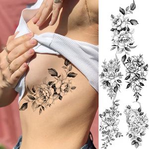 Czarno -peonyjne kwiat seksowne cycki Tymczasowe tatuaże dla kobiet dorosły dziewczyna róża Lion księżyc fałszywy tatuaż realistyczny body tatoos papier