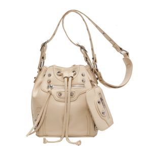 Futuristic Fashion Statement: Women's Crossbody Bag with Motorcycle Rivet Style, Drawstring Bucket Bag - A Trendsetter's Must-Have Accessory, 2023 New Arrival Cream