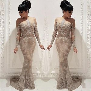 Sparkling Arabic Sequins Lace Mermaid Prom Dresses Elegant Long Sleeves Sheer Crew Neck Evening Gowns Plus Size Vestidos De Festa 3062