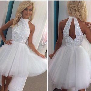 Luxury White Beaded Short Prom Dresses A Line High Neck Keyhole Back Tulle Plus Size Homecoming Party Formal Evening Gowns268D