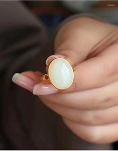 Cluster Rings White Jade Amulet Real Charms Vintage Natural Jewelry Amulets Chinese 925 Silver Women Gifts Gift Adjustable Ring Charm