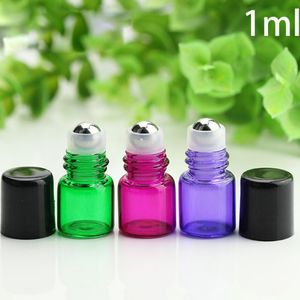 Grün/Rosarot/Lila/Braun 1 ml Mini-Glas-Rollflaschen mit Metallkugel und schwarzem Verschluss