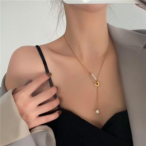 Pendant Necklaces Creative Cool 18K Gold Plated Imitation Pearl Paper Clip Shape Necklace Trendy Stainless Steel