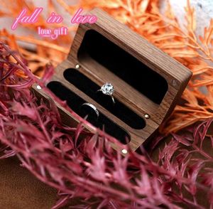 Jewelry Pouches Walnut Wood Ring Box For 2 Rings Slim Double Storage Holder Village Wedding Bearer Decorative With Lid