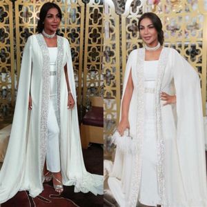 Dubai muzułmańskie sukienki wieczorowe Białe cekiny Marokańskie kaftan szyfonowy peleryn specjalny suknie z długim rękawem Arabski sukienka Eveni302k