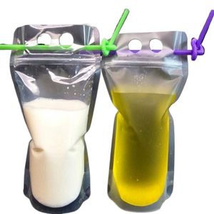 500ml Clear Drink Pouches Bags frosted Zipper Stand-up Plastic Drinking Bag with straw with holder Reclosable Heat-Proof pouch