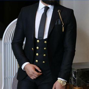 Bellissimi bottoni dorati Groomsmen Picco risvolto Smoking dello sposo Abiti da uomo Matrimonio Prom Uomo Blazer Giacca Pantaloni Gilet Cravatta A231263n