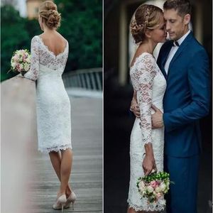 Charming Gowns Dresses Short Full Lace Wedding Long Sleeves Sheath Knee Length Country Beach Dress For Bridal Vestidos De Noiva226S