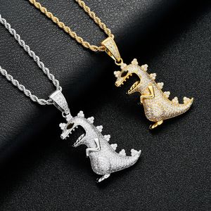 Hip Hop Rapper shiny diamond pendant gold necklace Dinosaur pendant micro-inset zircon jewelry night club accessory Sweater rope chain twist chain 1487