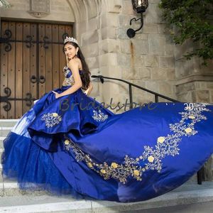 Royal Blue Quinceanera Dresses Mexikansk 2020 Sweetheart Ball Gown Prom Dresses With Gold Appliques Corset Top Sweet 16 Prom Dress V244i