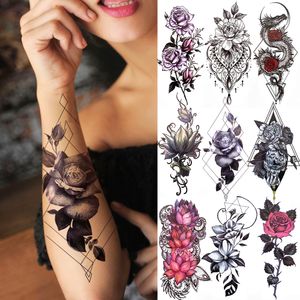 Tatuagens temporárias de flores negras 3D para mulheres Rosa Peônia Lótus Adesivo de tatuagem Correntes de joias falsas Triângulo geométrico Decalque de tatuagem
