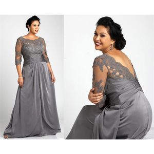 Plus Size Gray Mother Of The Bride Dresses With 3 4 Sleeves Scoop Neck Lace Elastic Satin Women Formal Gowns SD3431297c