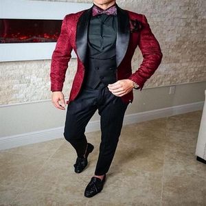 Slim Fits Burgundy Paisley Wedding Groom Tuxedos Shawl Lapel Men Business Suits Prom Blazer Coat Jacket Pants Vest Tie NO21592392
