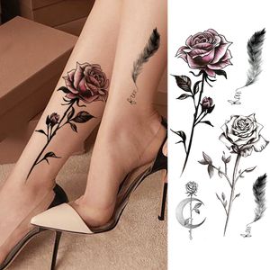 Kvinnors modeblomma tillfälliga tatueringar klistermärke falska rose fjäder tatoos dekal vattentät kroppskonst ben arm tatoos för kvinnor