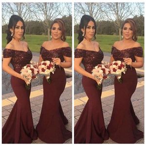 Dark Red 2018 Sparkly Sequins Off Shoulder Long Bridesmaid Dresses Custom Arabic Formal Vestidos De Bridesmaids Honor Of Maid Dres190z