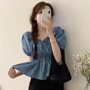 Kadınlar için Kadınlar Bluz Kadınlar Kırpar Kore Moda Blusas Feminas Dantel-Up Peplum Puff-Sleeve fırfırlar 2023 Yaz Tatlı Damla