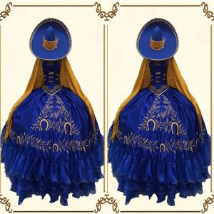 2022 Vintage Gold Embroidery Flowers Royal Blue Quinceanera Prom Dresses Ball Gown XV Mexican Charro Satin Evening Party Formal SW217R