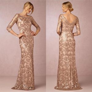 Günstige Roségoldene Meerjungfrau-Abendkleider mit halben Ärmeln und Pailletten, lange Ballkleider, elegante formelle Abendkleider Robe de Soiree BA0306T