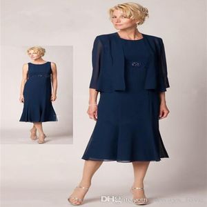 2019 Navy Blue Mother of the Bride Groom Dresses مع سترة عالية الجودة شيفون أمسية الأم مساء الزفاف Grow3079