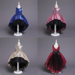 2019 Gold Sequins High Low Designer Kids' Dresses Formal Flower Girl Dress Jewel Sleeveless Big Bow Sash Black Tulle Pageant 255A