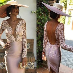 Lace Long Sleeve Cocktail Dresses Deep V-Neck Backless Clubwear Short Evening Dress Mini Vestidos De Festa Sexy Party Gowns261z