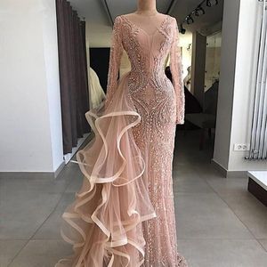 Aso ebi sjöjungfru aftonklänningar med lång ren halsringning ruffles tyll illusion långa ärmar prom klänning stora pärlor vestidos de 235v