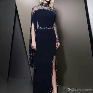 2020 Vintage High Neck Navy Blue Evening Dresses kaftan Dubai Beaded Long Sleeve Party Gowns Modest robe de soiree Split Prom Dres202x