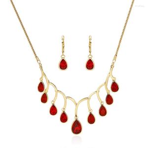 Necklace Earrings Set Bridal Wedding Jewelry Vintage Red Bead Alloy Inlaid Glass Two-piece