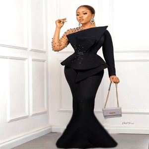 Aso Ebi Black Mermaid Abiti da sera convenzionali Perle Cristalli Perline Maniche lunghe Plus Size Fashion Party Ladies Prom Gowns Pageant254S