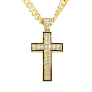 Hip Hop Rapper Men pingente de diamante brilhante colar de ouro Iced out cruz crucifixo pingente micro-inset cheio de zircão jóias boate punk 50cm Corrente cubana 1542