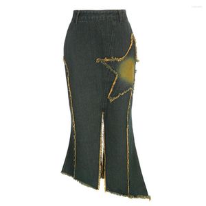 Saias Laterais Denim Maxi Saia Retrô Americano Cintura Alta Apliques de Estrela Rabo de Peixe Irregular Y2k Vintage Jeans Longo